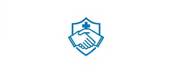 Blue and white icon featuring a handshake within a shield, topped with a medical cross, symbolizing trust and partnership in healthcare, emphasizing the value of becoming a reliable medical partner for hospitals and clinics