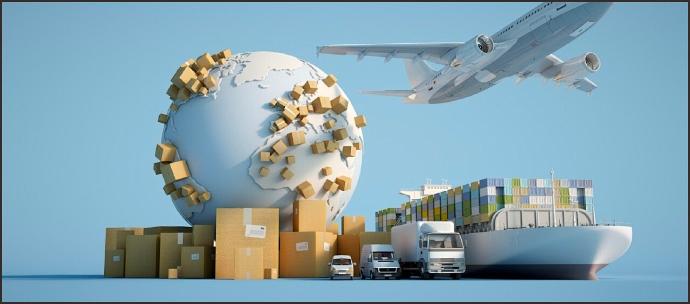 Illustration of global logistics with a globe covered in shipping boxes, a cargo plane flying overhead, a cargo ship, and delivery trucks, representing customized delivery and after-sales services including delivery plan design, logistics tracking, installation, and after-sales support