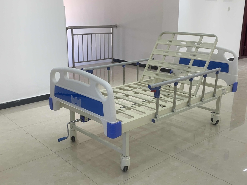 ABS single crank hospital bed with guardrails, IV stand, wheels